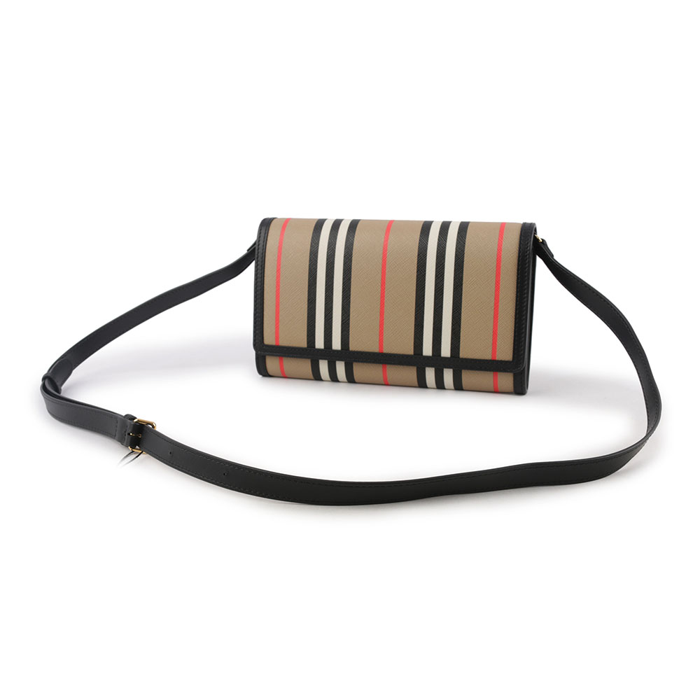 BURBERRY Hannah Icon Stripe 經典條紋皮夾式斜背包/米色/黑色, , large
