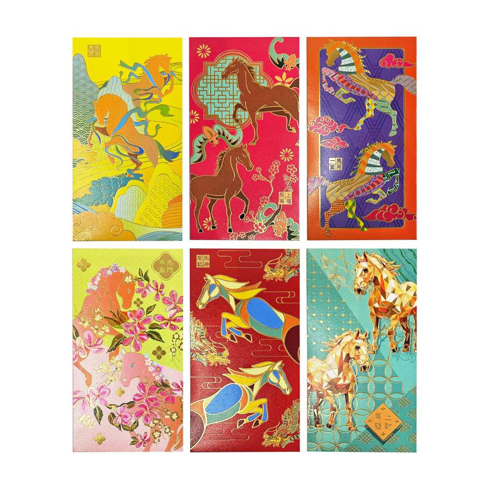 摩達客◉春節開運招財◉馬年精緻藝術優雅燙金彩色紅包袋_6款圖案共12入組, , large