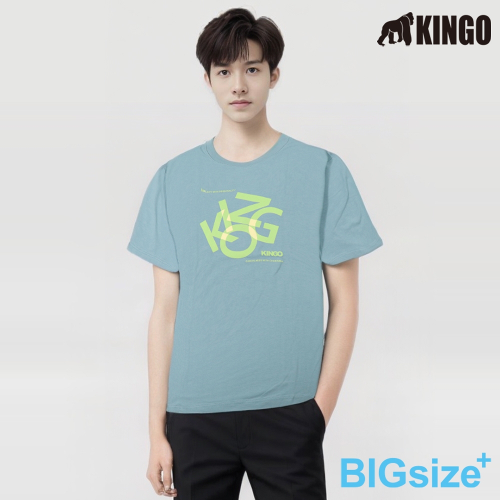 KINGO-大尺碼-男款 圓領T恤-灰藍-413141, , large