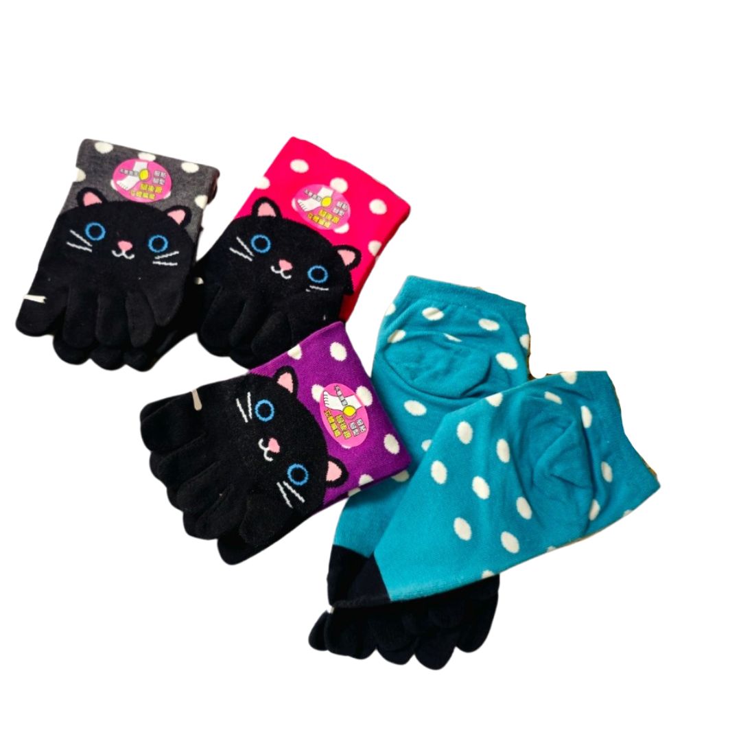 [Kaimei Cotton Socks] Six random groups, excellent MIT made in Taiwan, combed cotton one-piece molded 1/2 heel five-toe socks, big-headed cat style, , large