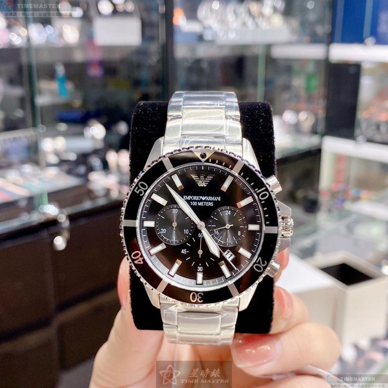 [星晴錶業]ARMANI手錶,42mm,AR00014黑色錶面黑錶殼銀色精鋼錶帶款, , large