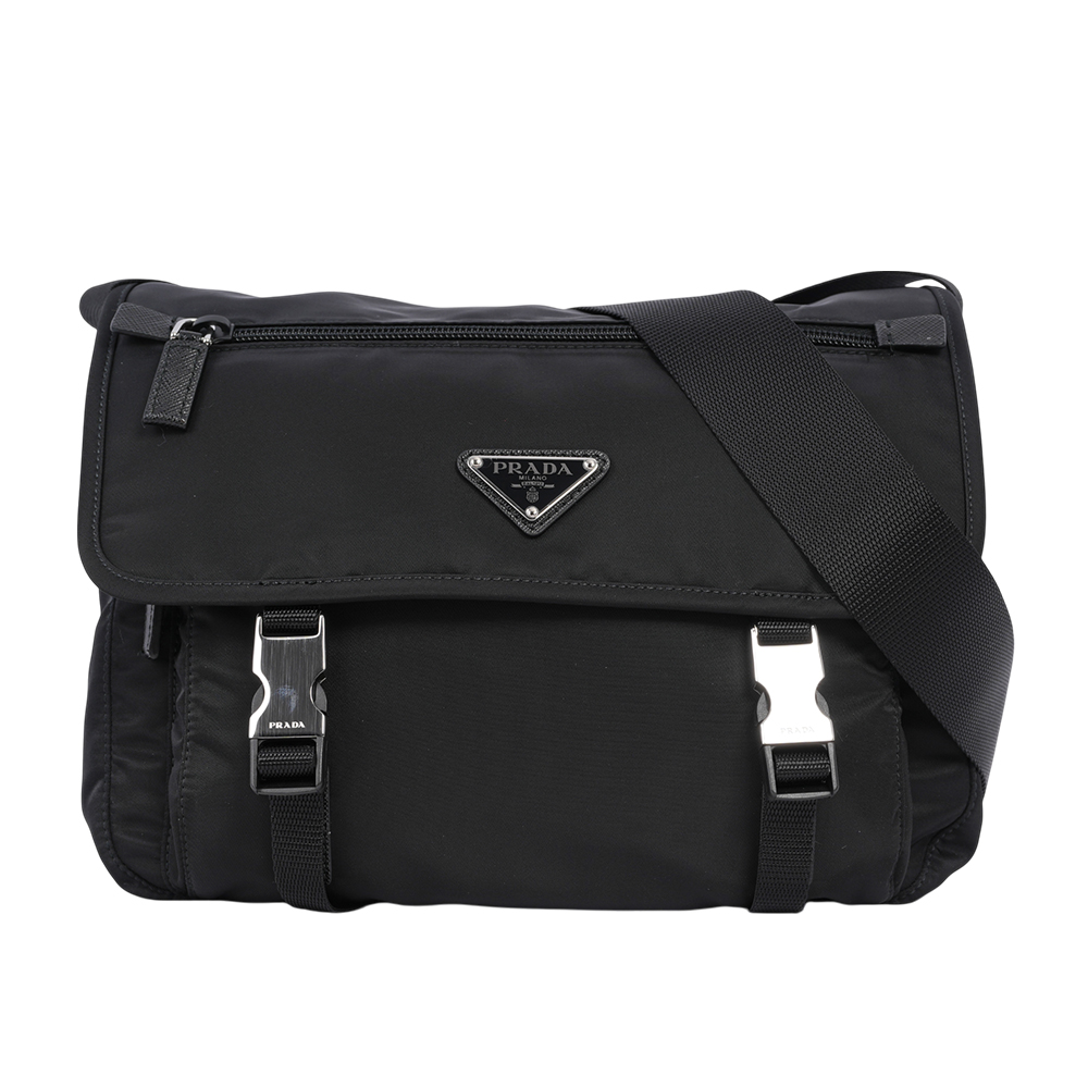 PRADA 三角牌尼龍雙釦小款斜背包/相機包/黑色, , large