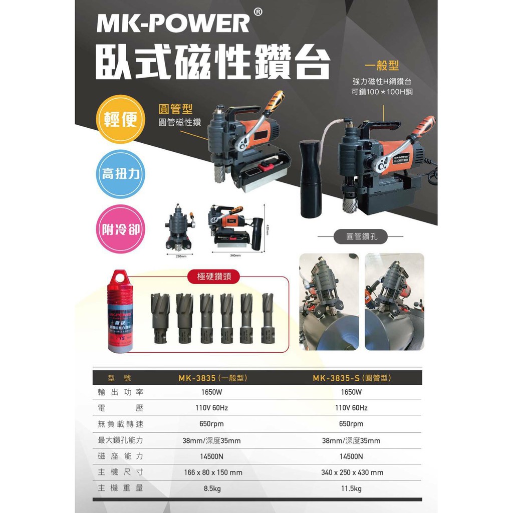 WIN五金 MK-POWER 輕巧型 一般型/圓管型 臥式磁性穴鑽 磁性鑽孔機 磁性鑽台 阿多拉 鑽台 開孔機 磁性鑽台, , large