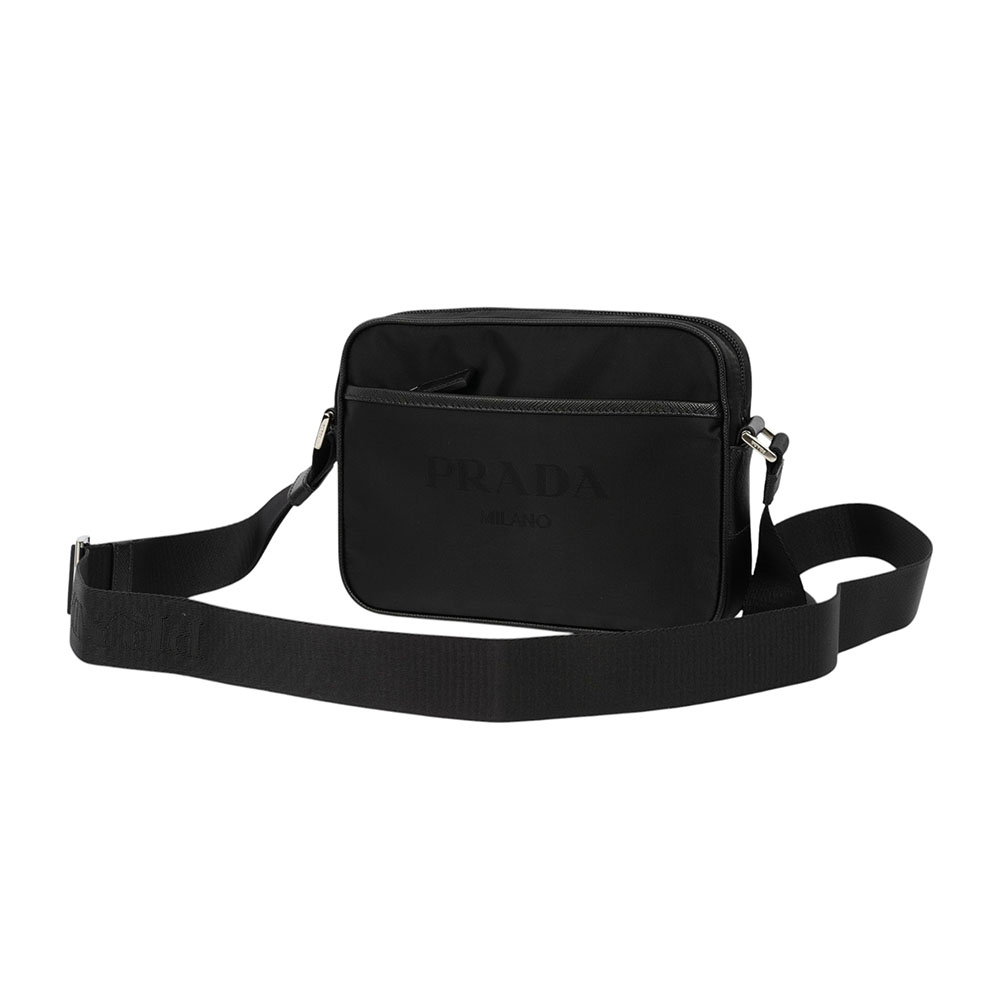 PRADA 刺繡及三角牌Logo 雙面可用尼龍拉鍊斜背包/黑色, , large