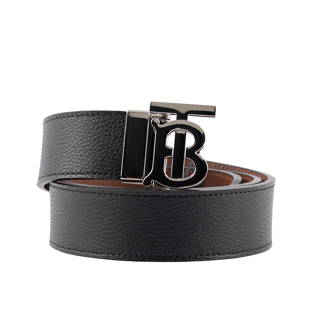 BURBERRY 銀色Logo 牛皮及平滑皮革雙面可用皮帶 85cm /黑色/棕褐色, , large
