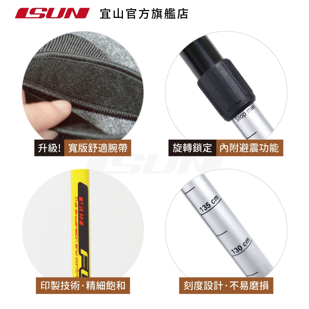 【ISUN】6011避震三節登山杖 Fushion 蜂巢黑 (2入)｜高強度6011鋁合金 升級舒適手腕帶 台灣製宜山登山杖, , large