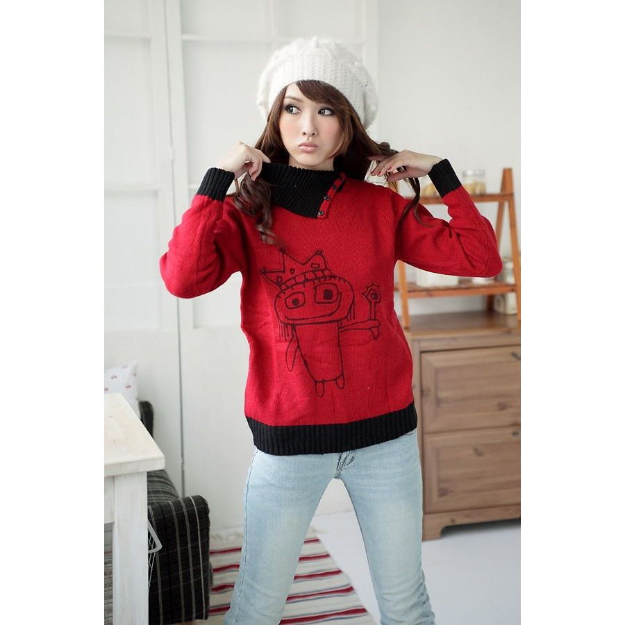 CERES獨家風格俏皮圖漾斜領毛衣活力紅Q0545-C