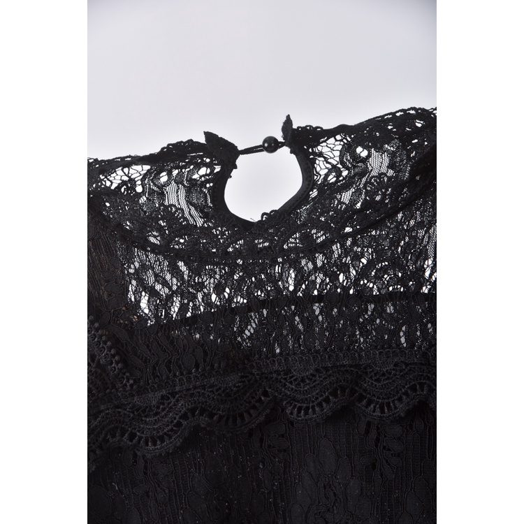(S) 質感蕾絲圓領黑色長袖上衣二手衣, , large