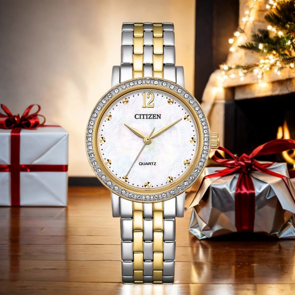 CITIZEN 星辰 晶鑽珍珠貝石英女錶-香檳金/31.2mm EL3104-54D, , large