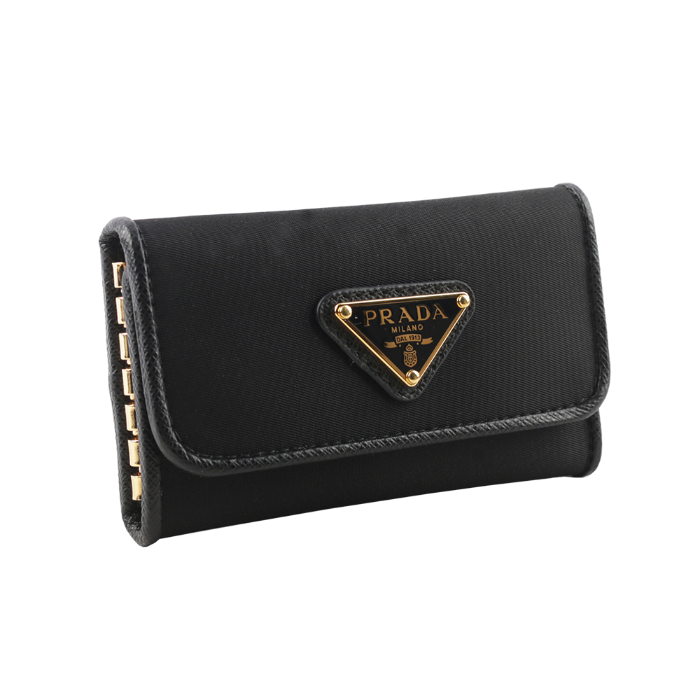 PRADA 金色三角牌Logo 尼龍壓釦六孔鑰匙包/黑色, , large