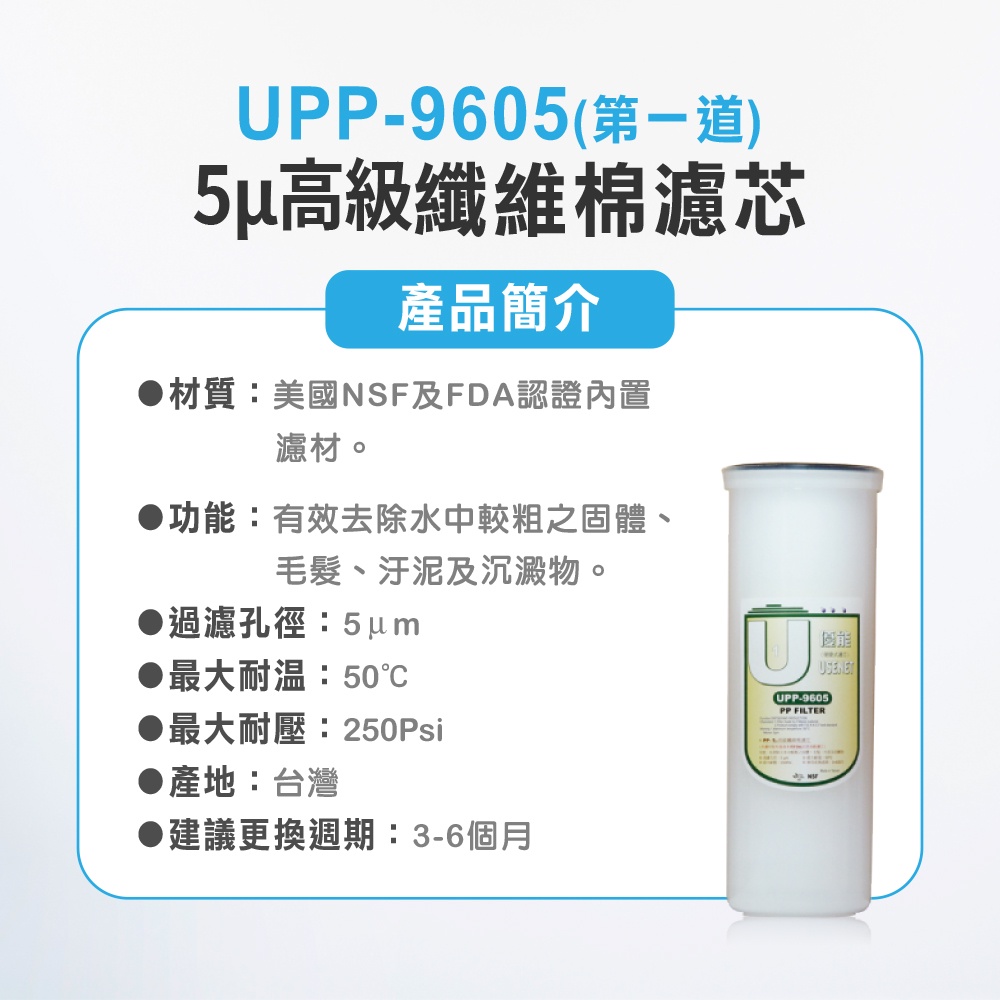 【麗水生活】優能U型 UPP-9605-5&mu; UPP-1605 高級纖維棉濾芯 便捷式 快拆濾心 U系列 拋棄式濾心濾芯, , large