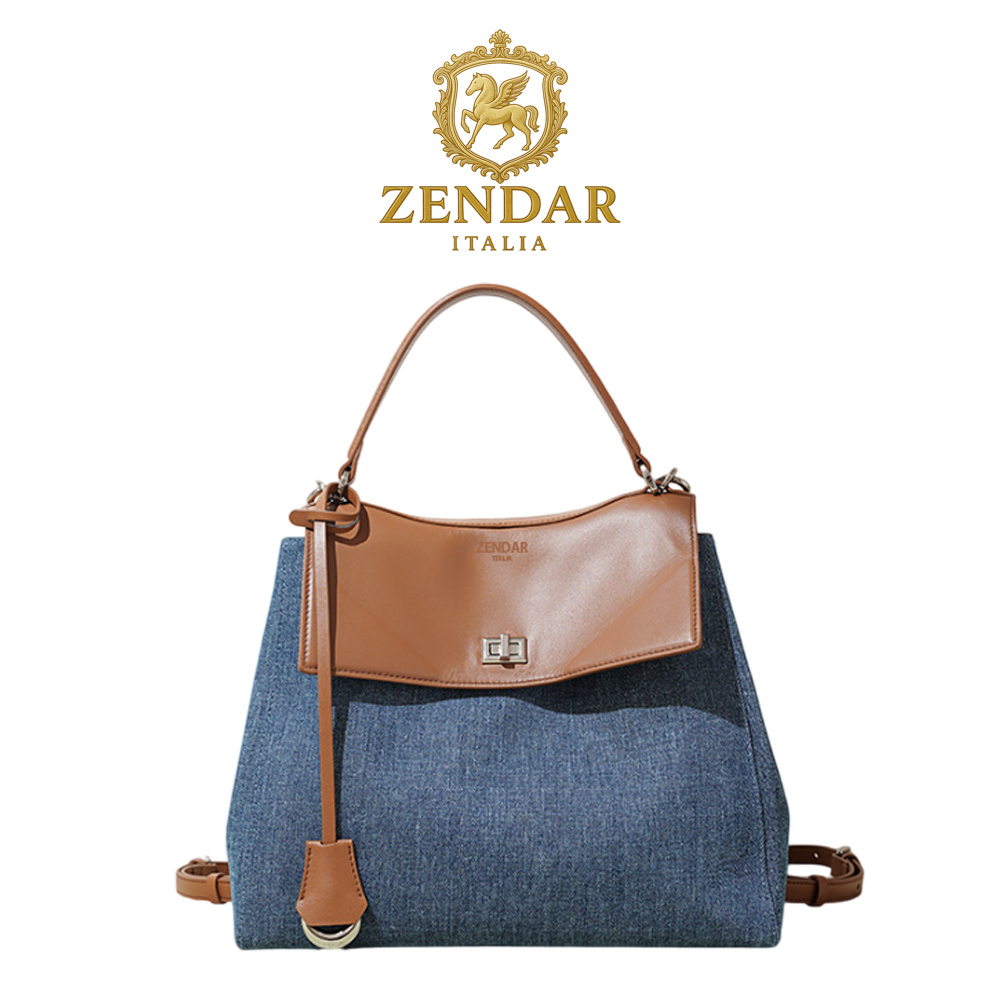 【ZENDAR】限量1折 頂級小牛皮牛仔布後背包 凱西系列 全新專櫃展示品, , large