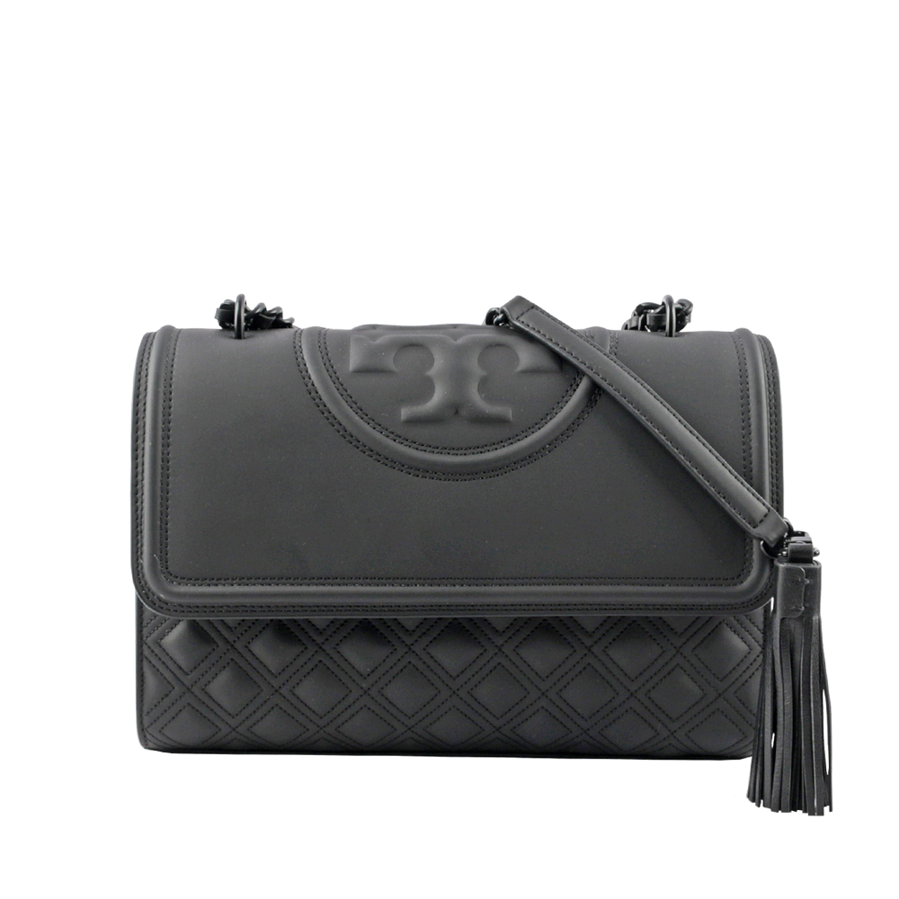 TORY BURCH Fleming Matte 縫線翻蓋流蘇二用包/黑色, , large