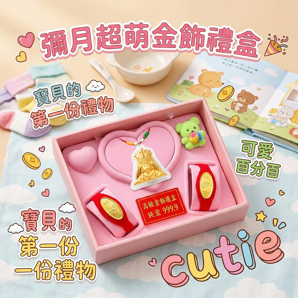 【童樂繪金飾】馬年彌月黃金禮盒 多選 約重0.1錢 附贈馬年平安符 (滿月 保平安 999純金), , large
