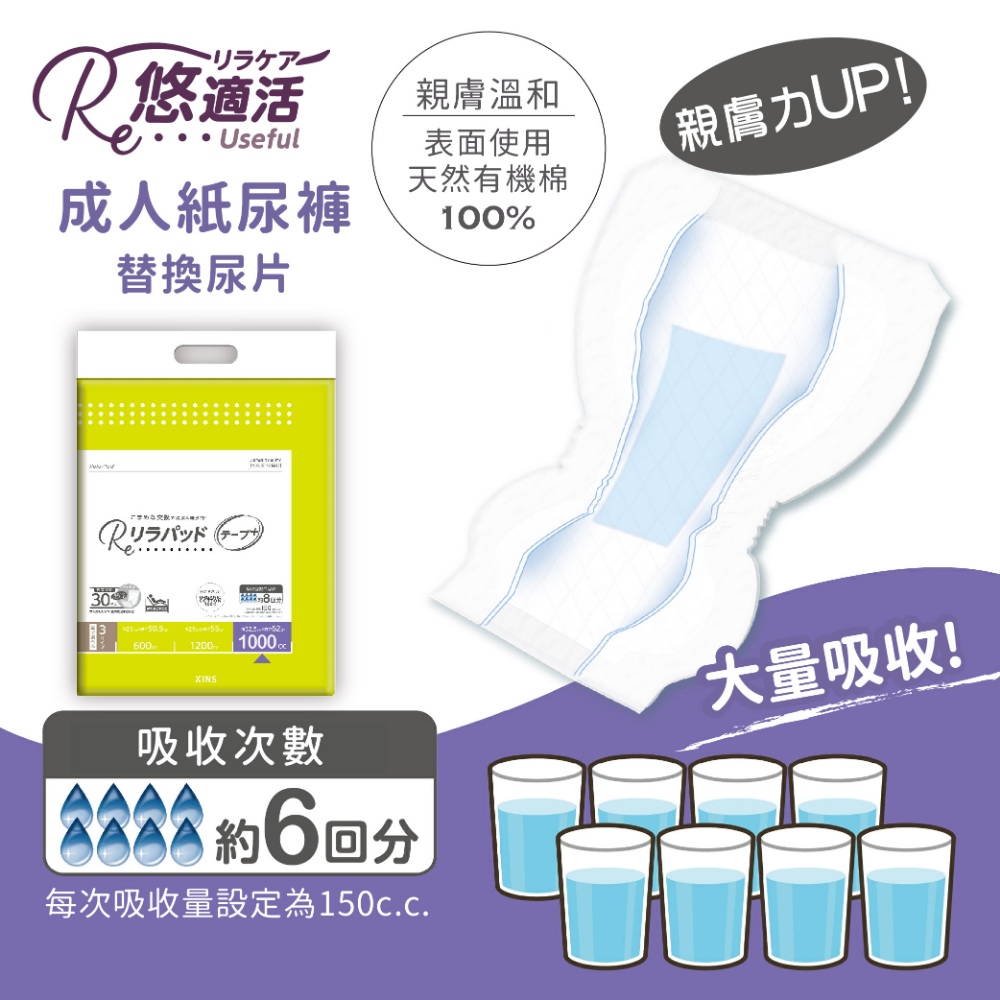 【悠適活】黏貼型紙尿布替換尿片6回900cc (30片/包), , large