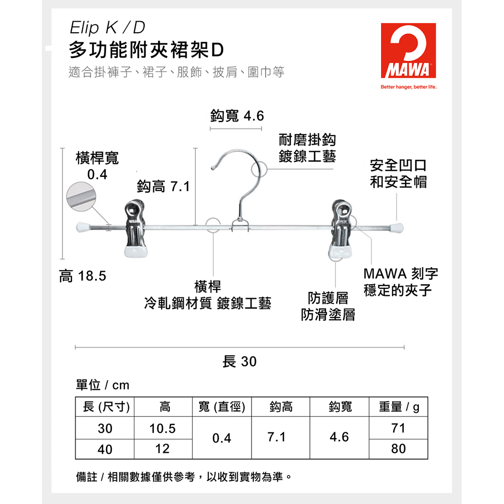 【德國MAWA】德國原裝進口 無痕止滑 時尚多功能裙褲夾30cm 30入/白, , large