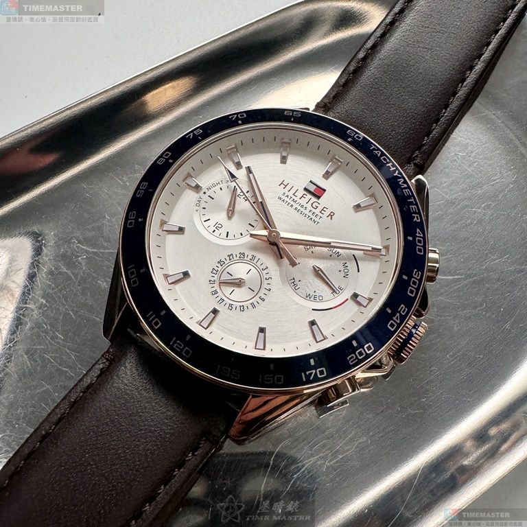 [星晴錶業]TommyHilfiger手錶,46mm,TH00053銀白錶面寶藍錶殼咖啡色真皮皮革錶帶款, , large