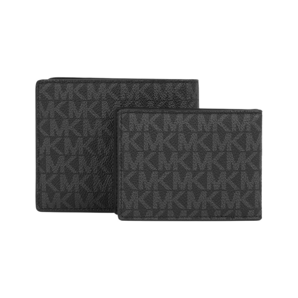 Michael Kors Cooper 銀字滿版塗層帆布附活動式卡夾對開短夾(黑色), , large