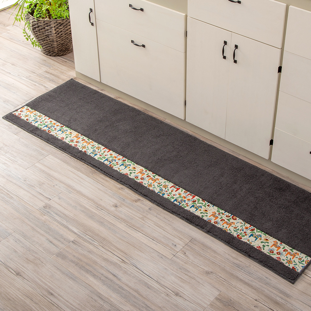 【HASHIZUME】Japan-Made Antibacterial & Deodorant Kitchen Mat 50&times;150cm &ndash; Dark Gray (Nordic-Style Lucky Horse / Non-Slip Design / Machine-Washable), , large