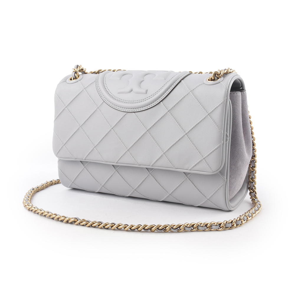 Tory Burch Fleming 縫線納帕皮革翻蓋二用包/海灣灰, , large