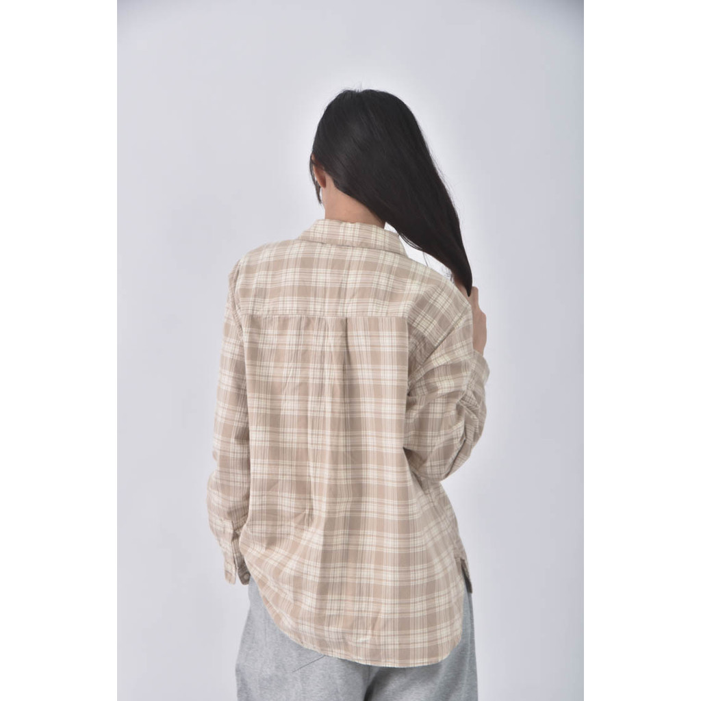 (L) uniqlo棉質格紋杏色長袖上衣二手衣, , large