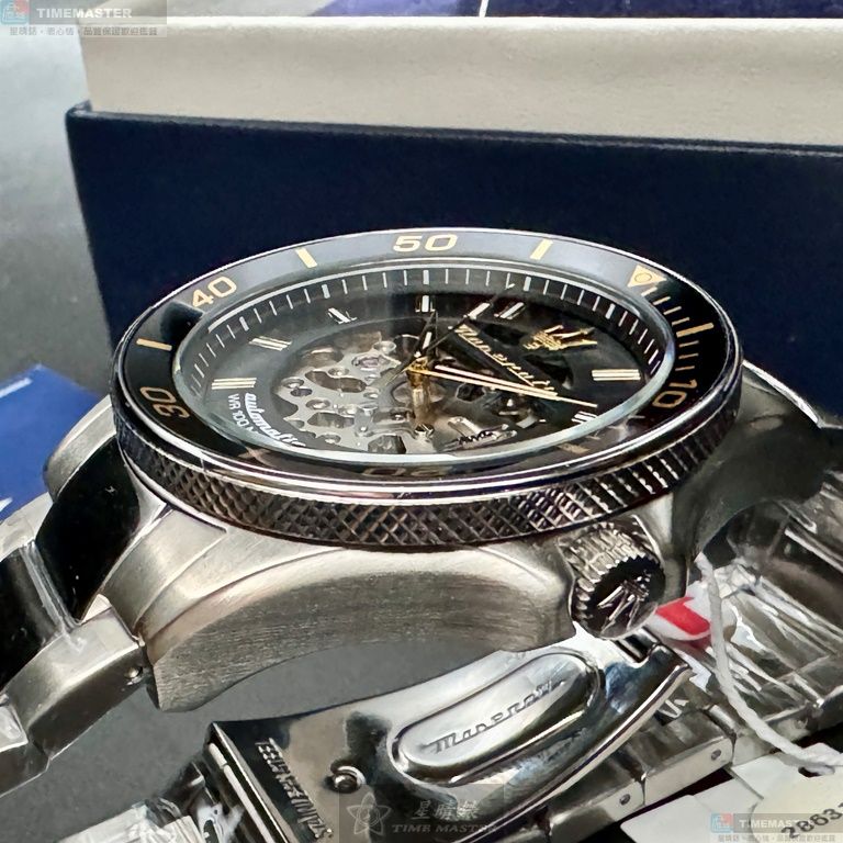 [星晴錶業]MASERATI手錶,46mm,R8823140008黑色雙面機械鏤空錶面銀錶殼銀色精鋼錶帶款, , large