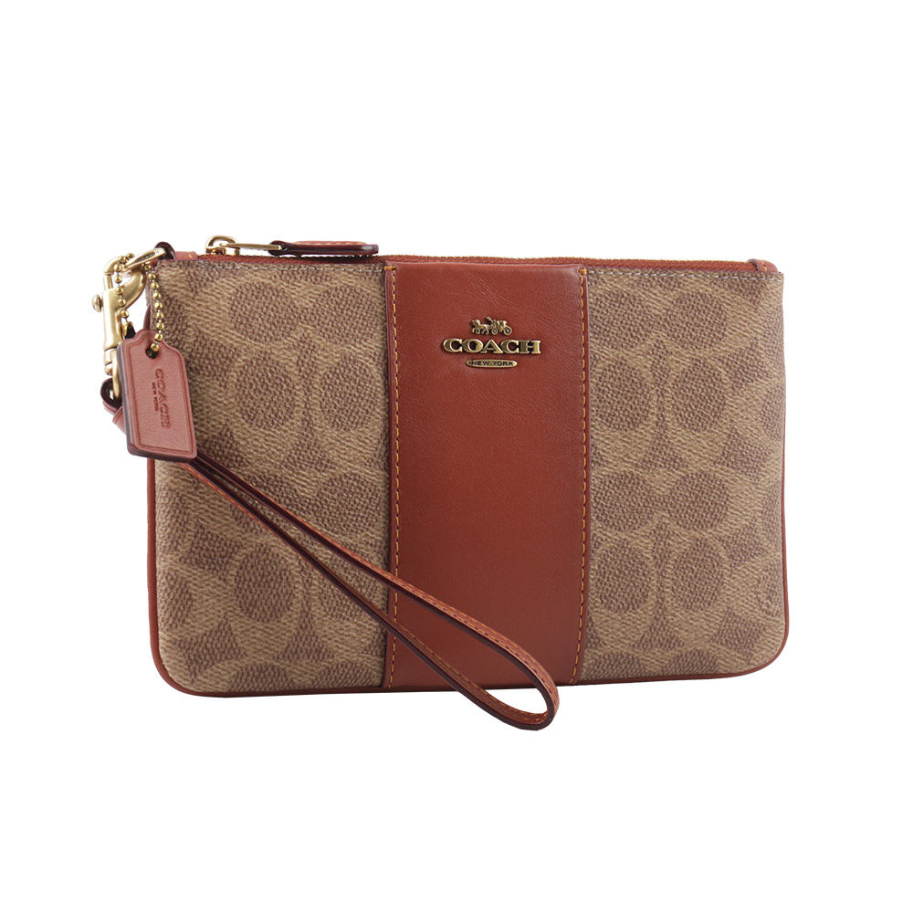 COACH 專櫃款經典CC Logo 撞色小款手拿包/焦糖/紅棕色, , large