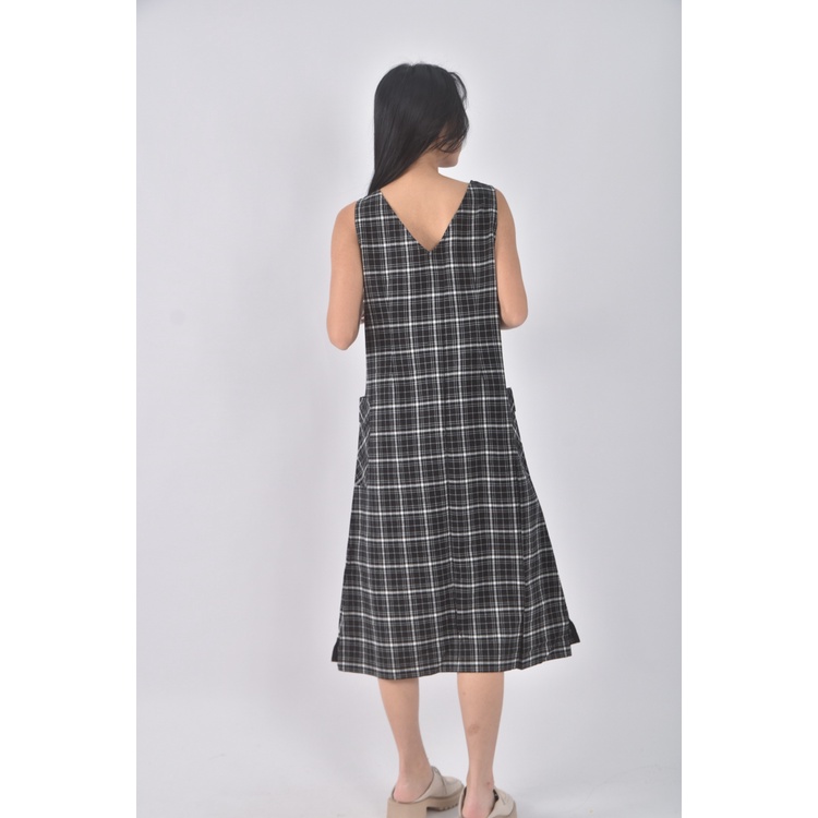 (M) osan質感棉質純棉格紋黑色洋裝二手衣, , large