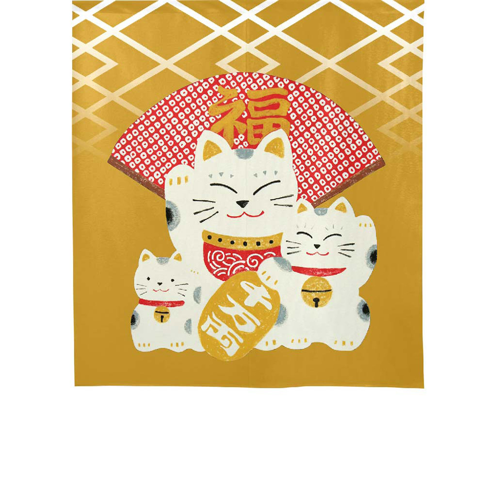日本製【コスモ】中門簾《招財貓福扇》幸運黃, , large