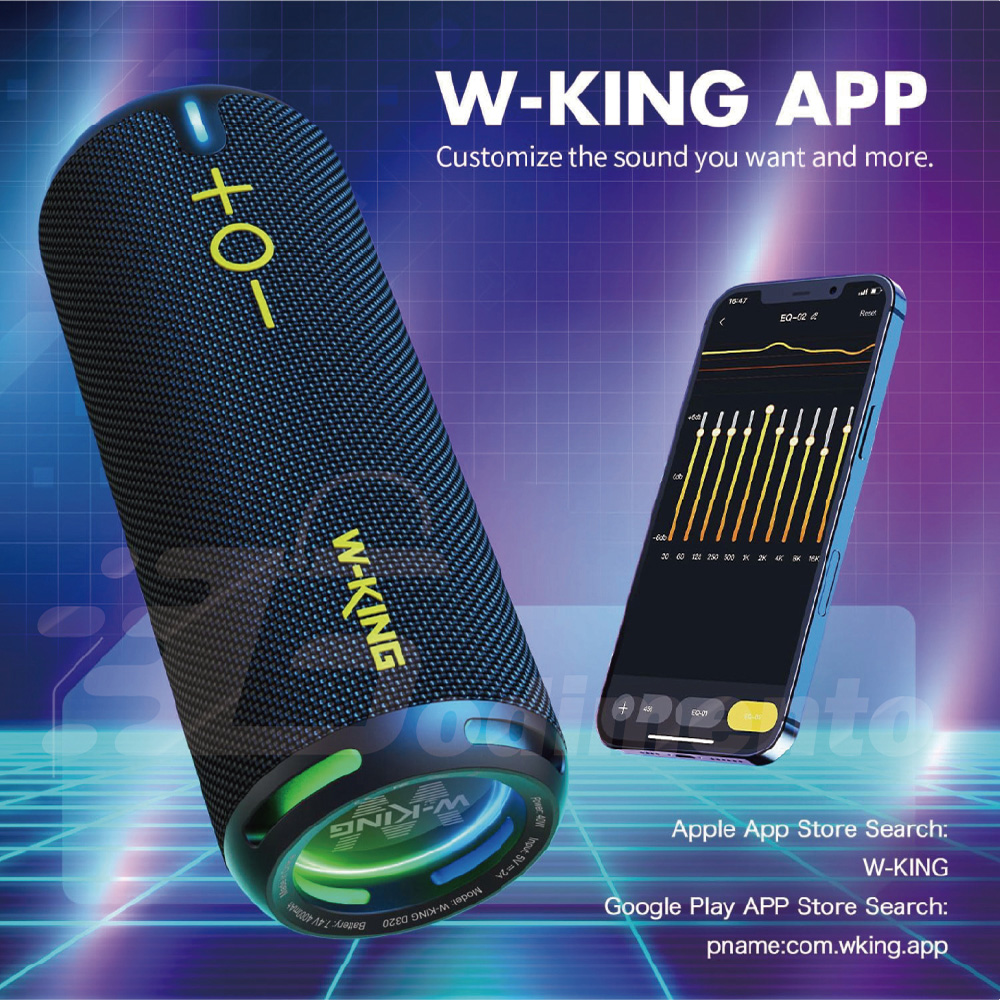 W-KING D320 40W 藍色 360度環繞防水藍芽喇叭 帶燈光/TF/AUX音響 EQ重低音喇叭, , large