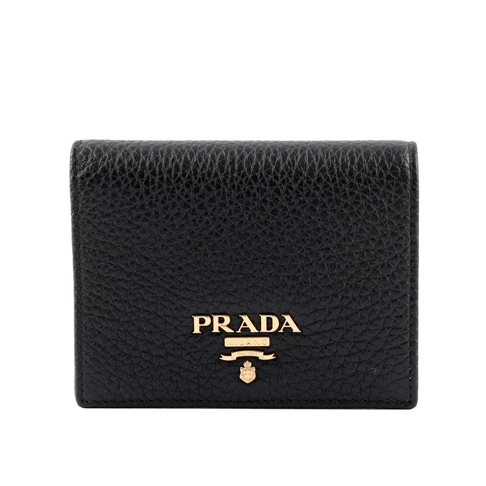 PRADA 浮雕Logo荔枝皮革二折短夾/黑色, , large