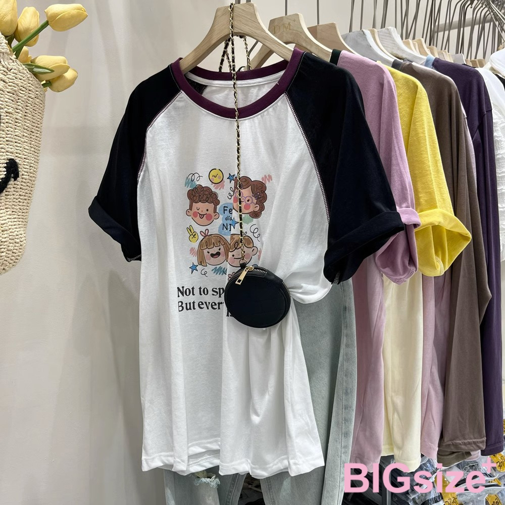 大尺碼-印花 插肩 圓領T恤-黑/粉/黃-0101142, , large