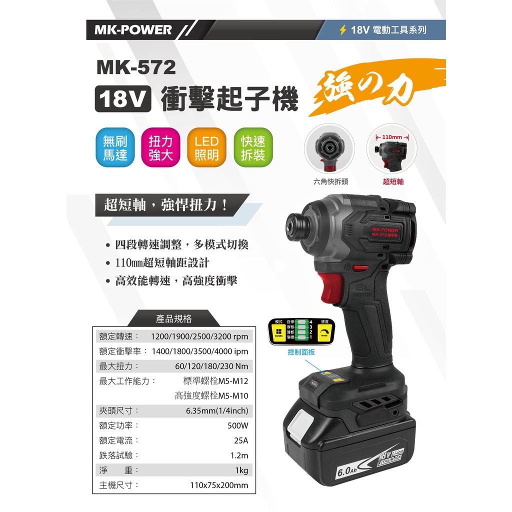 WIN五金 MK-POWER 18V MK-572 牧田共用 專業級衝擊起子機 18V起子機 螺絲批 起子頭 起子機, , large
