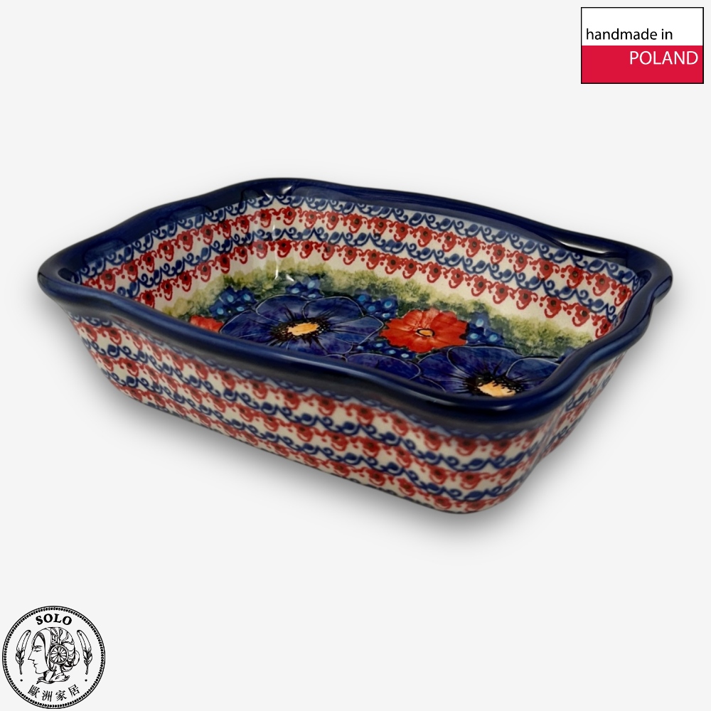 【SOLO Vintage】Cerraf Polish Pottery 18.5cm Baking Pan Dish Red and Blue Blossoming Elegance Series Made in Poland, , large