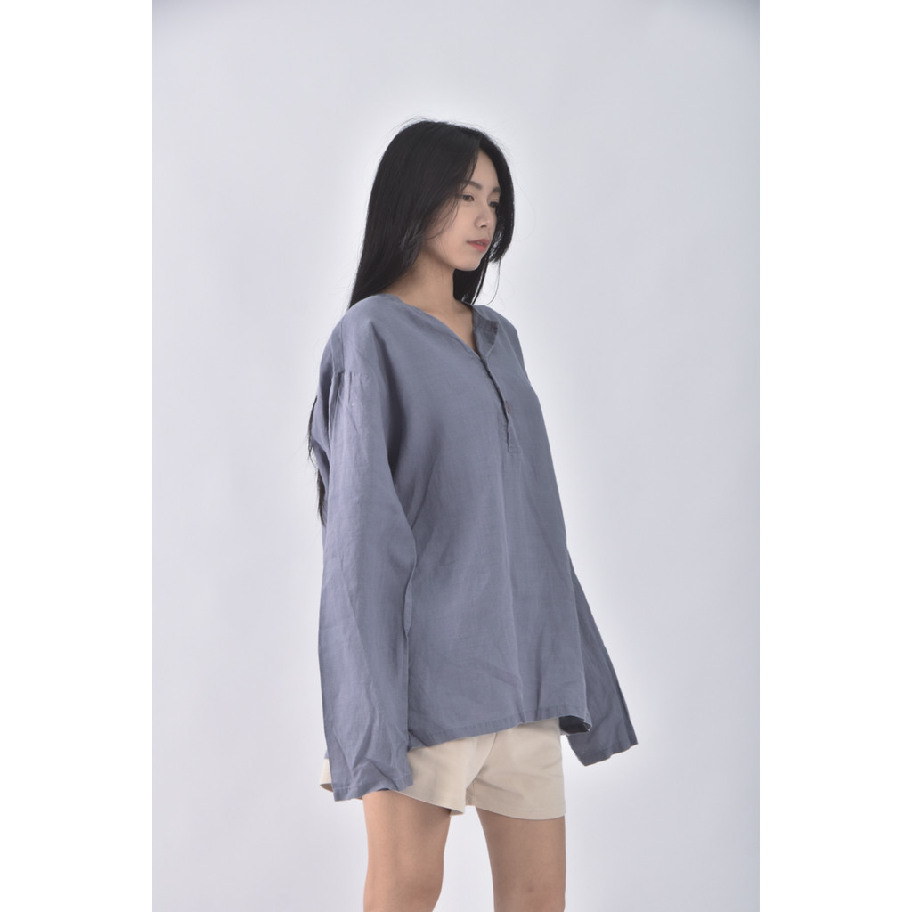 (XL) net質感西裝圓領藍色長袖上衣二手衣, , large