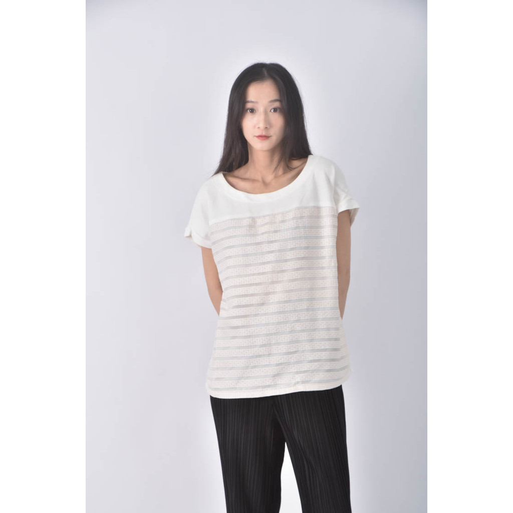 (XL) chica條紋白色短袖上衣二手衣, , large