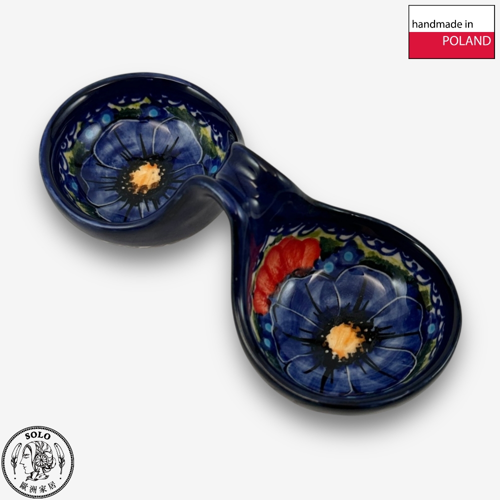 【SOLO Vintage】Cerraf Polish Pottery 14cm Divided Bowl / Small Sauce Bowl Red and Blue Blossoming Elegance Series Made in Poland, , large