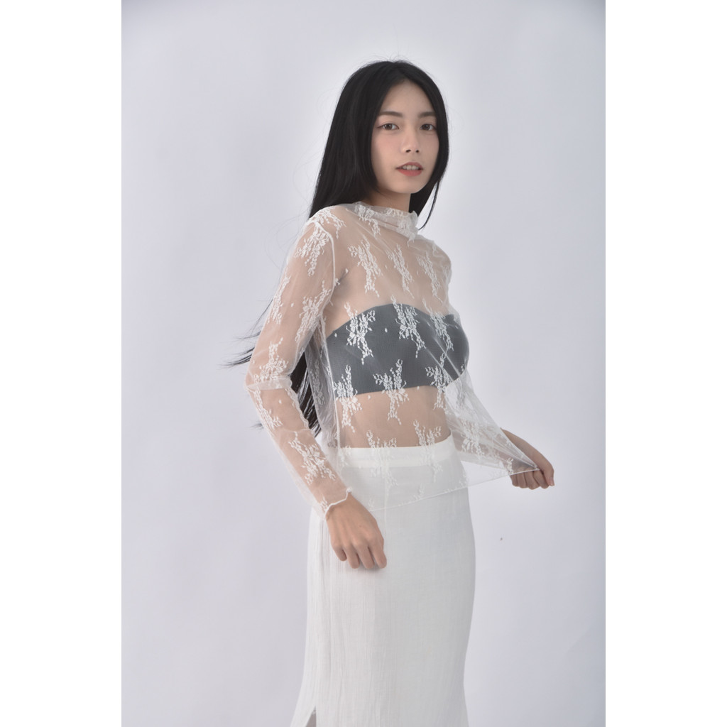 (S) 蕾絲透紗白色長袖上衣二手衣, , large