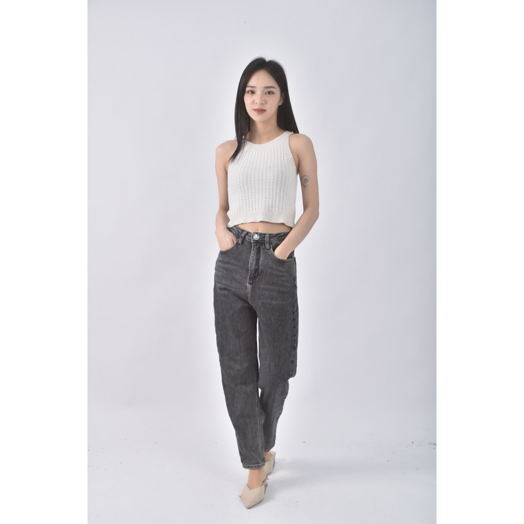 (XS（含）以下) 【里唯私服】jqu高腰丹寧牛仔直筒灰色長褲二手衣