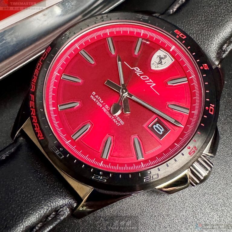 [星晴錶業]FERRARI手錶,46mm,FE00081紅色錶面銀錶殼深黑色真皮皮革錶帶款, , large