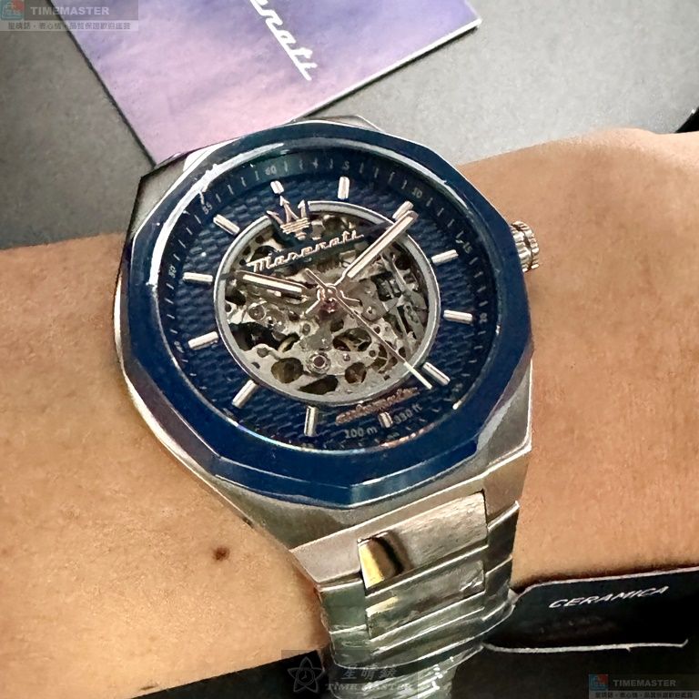 [星晴錶業]MASERATI手錶,46mm,R8823142004寶藍色雙面機械鏤空錶面寶藍錶殼銀色精鋼錶帶款, , large