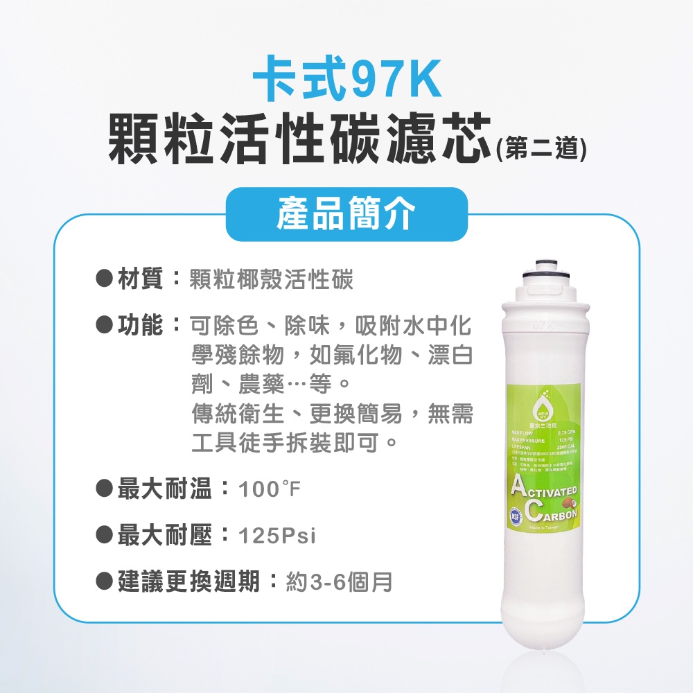 【麗水生活】卡式濾心 卡式97K-顆粒活性碳 第二道  顆粒活性碳濾心 97K過濾器 活性碳濾芯, , large