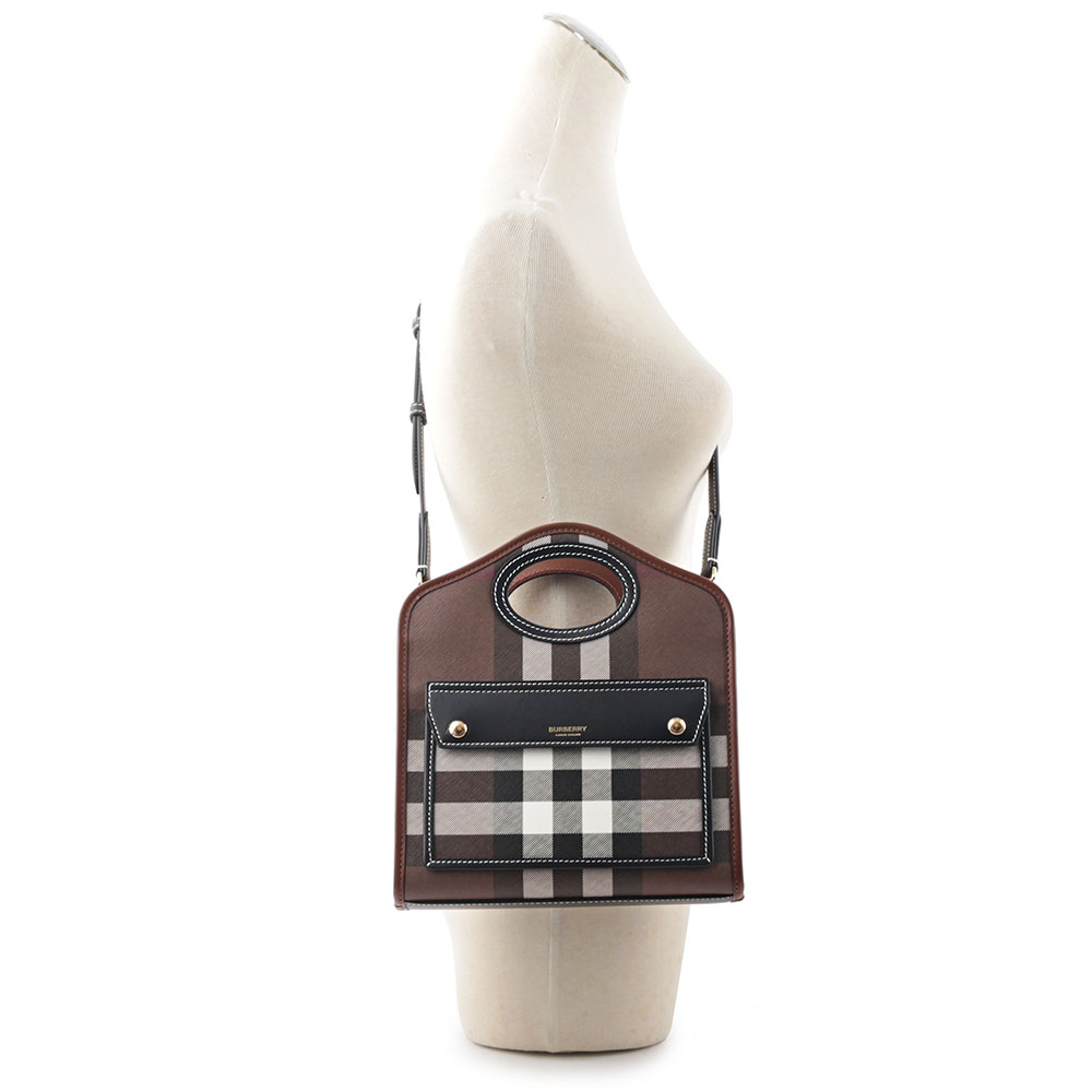 BURBERRY 格紋拼皮革手提/斜背口袋包(Mini)/暗樺木棕色, , large