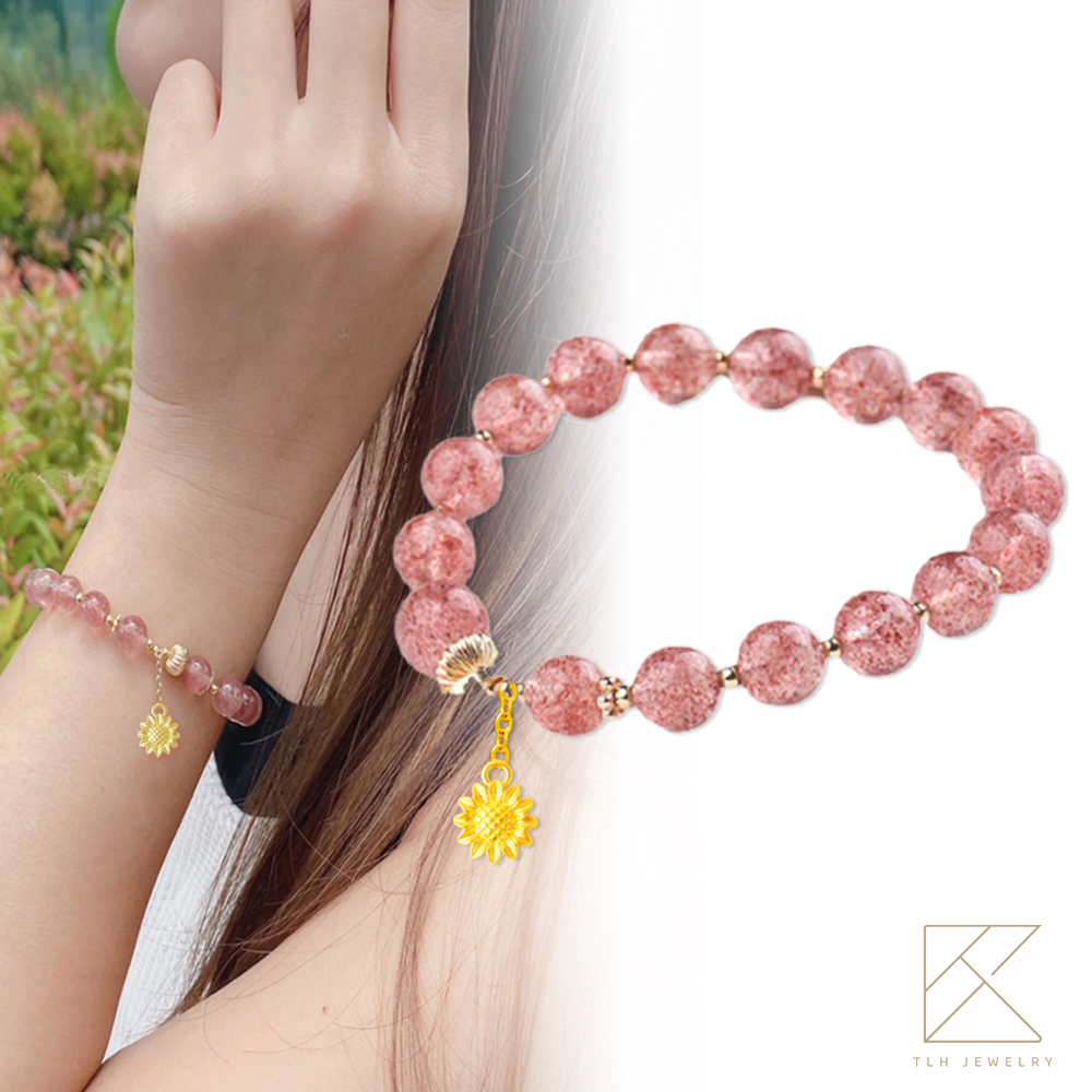 【TLH】黃金墜手鍊 純金999  眷戀莓好命定草莓晶 約重0.04錢±0.01