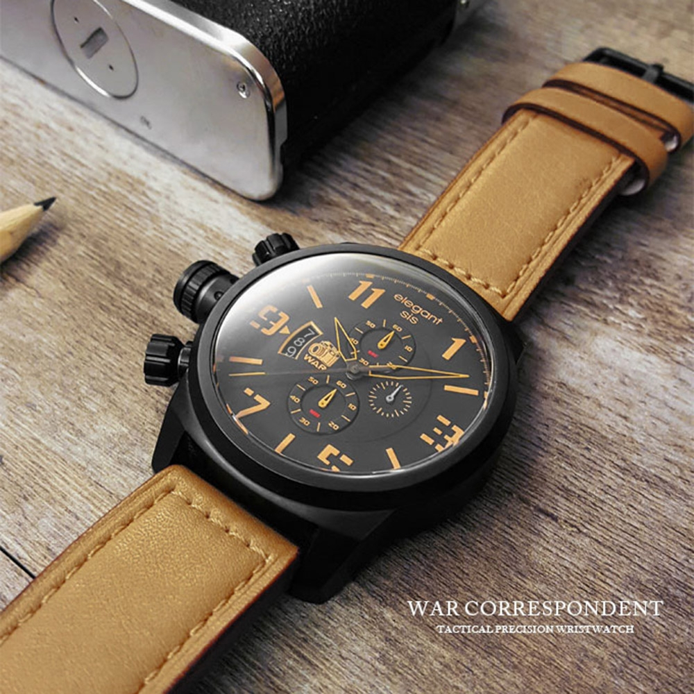 elegantsis Army 戰地記者三眼計時腕錶-黑x卡其/48mm ELJT48-OB09LC, , large