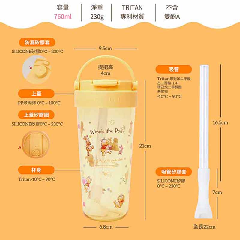 『HOUSUXI‧舒希』迪士尼小熊維尼系列-Tritan輕透舒吸杯(附彈跳吸管)760ml(A3), , large