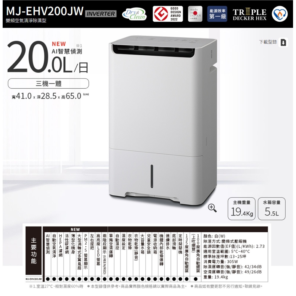 MITSUBISHI 20L HEPA Inverter Air Purifier Dehumidifier MJ-EHV200JW-TW, , large
