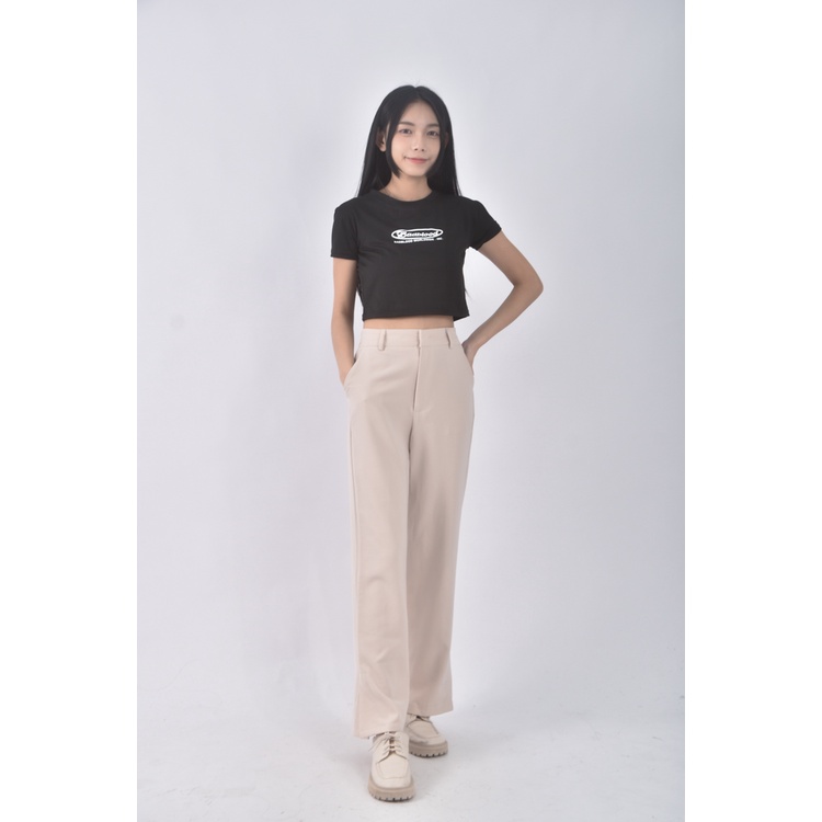 (S) 高腰寬版杏色長褲二手衣, , large