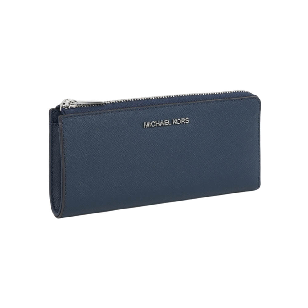 Michael Kors 銀字Logo 防刮皮革L型拉鍊長夾(海軍藍), , large