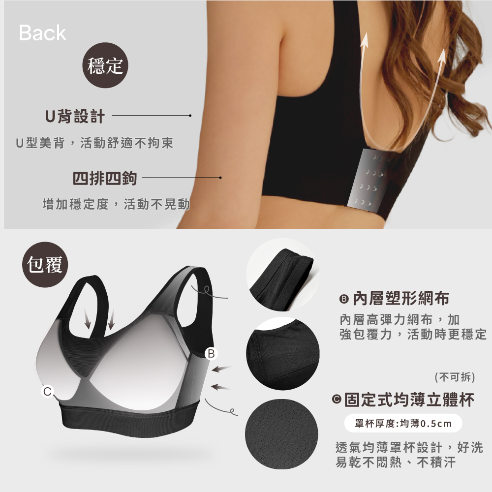 【伊柔EVEROY】顯瘦無痕高包覆無鋼圈運動內衣 M-2XL 內衣 百搭黑 W035-63, , large